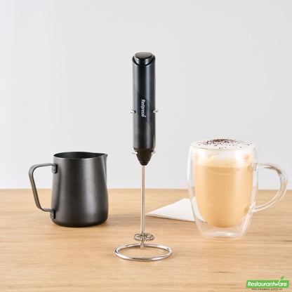 Wholesale Restaurantware Black Electric Handheld Milk Frother - Battery-Operated, with Stand - 1.4" X 1" X 8.5"- Bulk