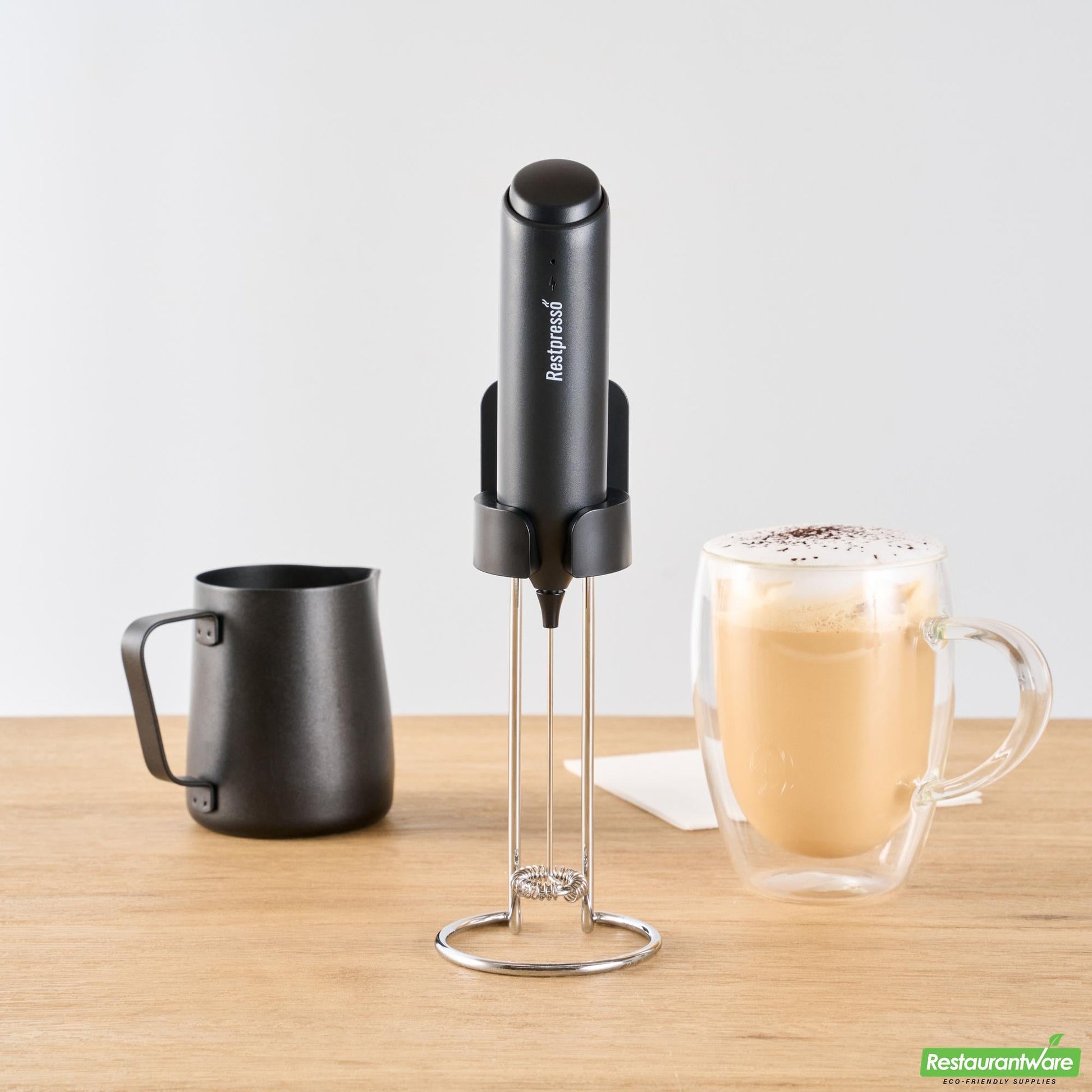 Wholesale Restaurantware Black Electric Handheld Milk Frother - with Charging Stand - 1.3" X 1.3" X 9.1"- Bulk