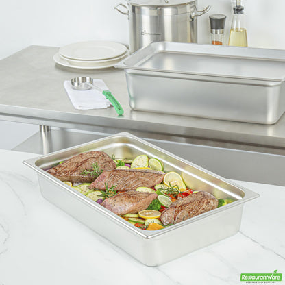 Wholesale Restaurantware Kitchen Tek Stainless Steel Full Size Steam Table Pan - 4 Inch Deep, Anti Jam- Bulk