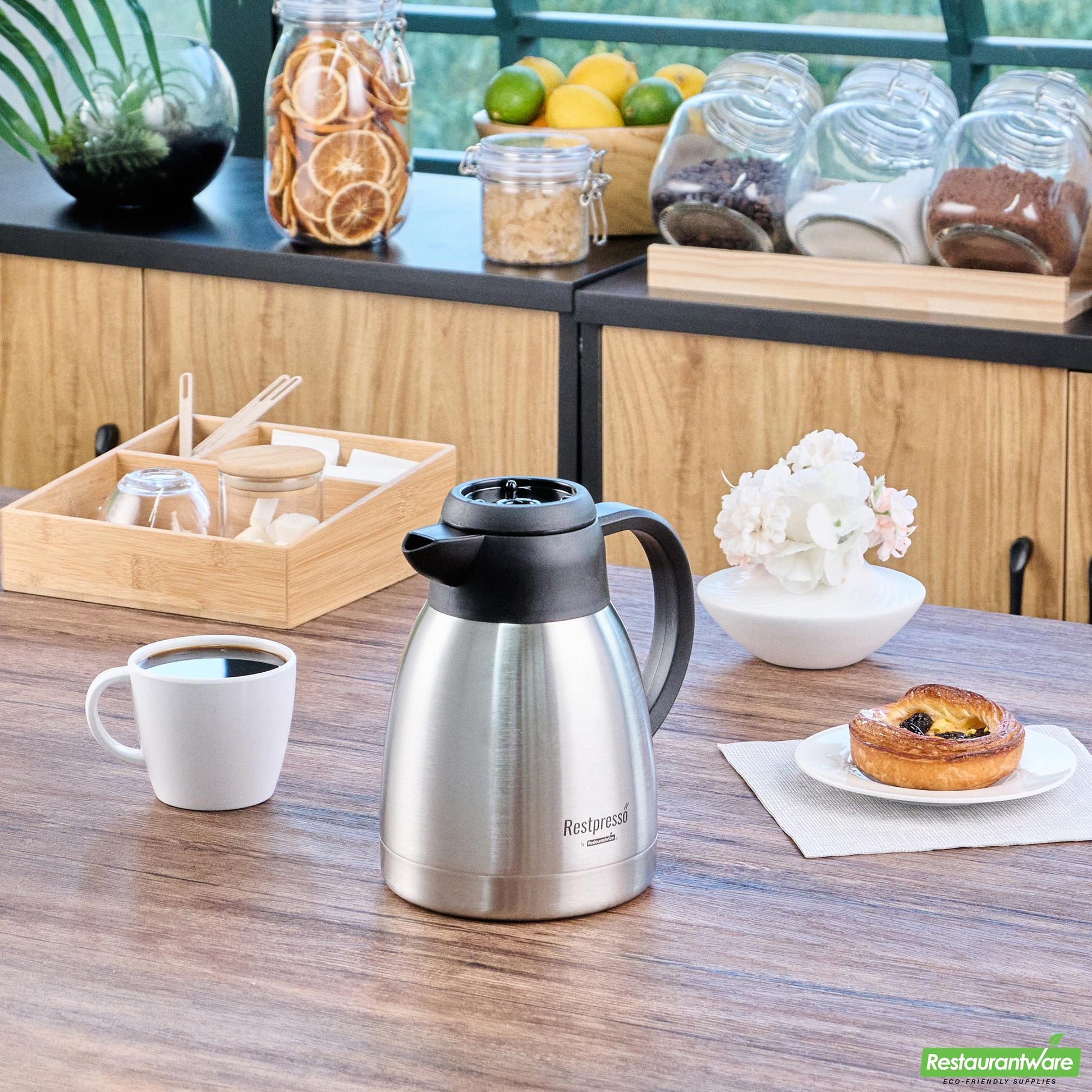 Wholesale Restaurantware Restpresso 34 Oz Insulated Coffee Carafe / Server - with Regular and Decaf Brew Thru Lids - 7 3/4" X 5 1/2" X 7" - 1 Count Box- Bulk