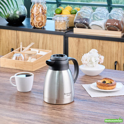 Wholesale Restaurantware Restpresso 34 Oz Insulated Coffee Carafe / Server - with Regular and Decaf Brew Thru Lids - 7 3/4" X 5 1/2" X 7" - 1 Count Box- Bulk