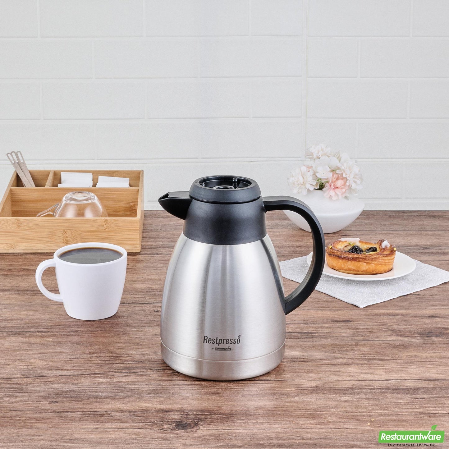 Wholesale Restaurantware Restpresso 34 Oz Insulated Coffee Carafe / Server - with Regular and Decaf Brew Thru Lids - 7 3/4" X 5 1/2" X 7" - 1 Count Box- Bulk