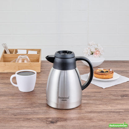 Wholesale Restaurantware Restpresso 34 Oz Insulated Coffee Carafe / Server - with Regular and Decaf Brew Thru Lids - 7 3/4" X 5 1/2" X 7" - 1 Count Box- Bulk