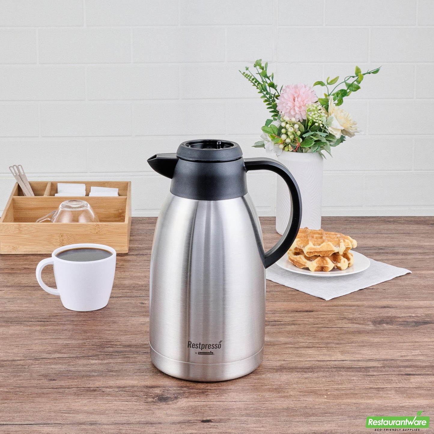 Wholesale Restaurantware Restpresso 68 Oz Insulated Coffee Carafe / Server - with Regular and Decaf Brew Thru Lids - 11 1/4" X 5 1/2" X 7" - 1 Count Box- Bulk