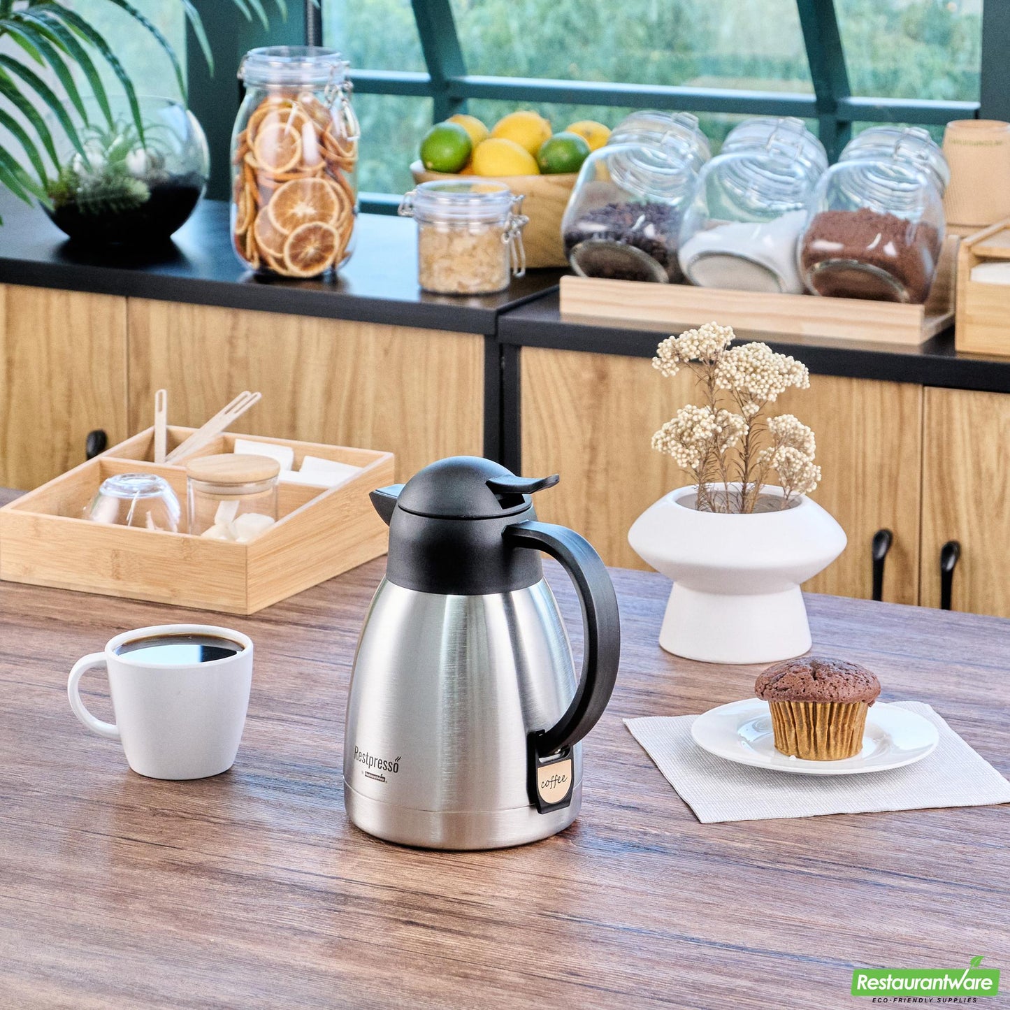 Wholesale Restaurantware Restpresso 34 Oz Vacuum Insulated Coffee Carafe / Server - with Label Tags - 7 3/4" X 5 1/2" X 7" - 1 Count Box- Bulk
