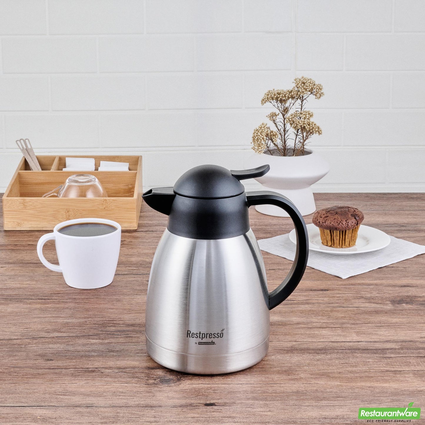 Wholesale Restaurantware Restpresso 34 Oz Vacuum Insulated Coffee Carafe / Server - with Label Tags - 7 3/4" X 5 1/2" X 7" - 1 Count Box- Bulk