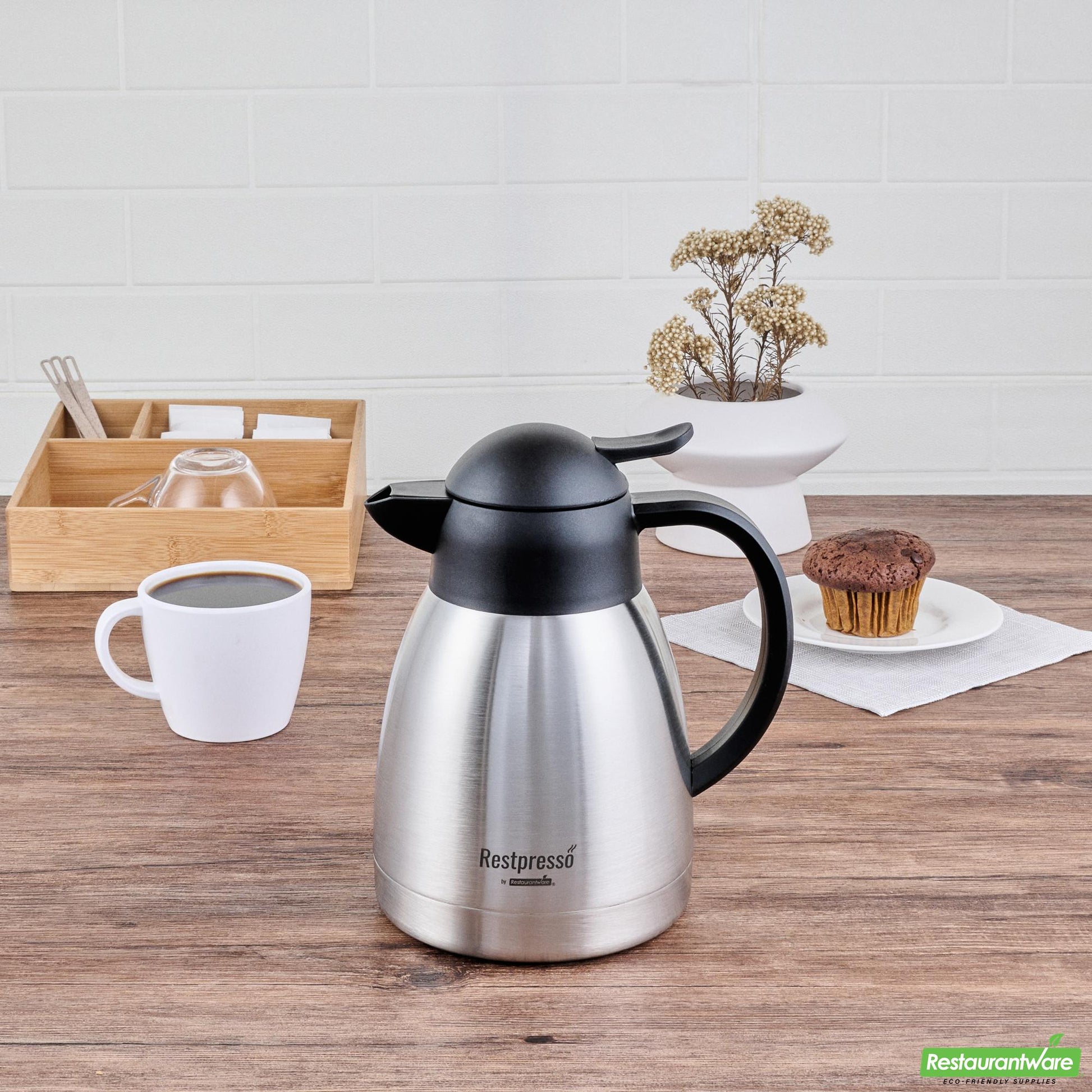 Wholesale Restaurantware Restpresso 34 Oz Vacuum Insulated Coffee Carafe / Server - with Label Tags - 7 3/4" X 5 1/2" X 7" - 1 Count Box- Bulk