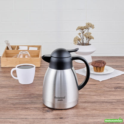 Wholesale Restaurantware Restpresso 34 Oz Vacuum Insulated Coffee Carafe / Server - with Label Tags - 7 3/4" X 5 1/2" X 7" - 1 Count Box- Bulk