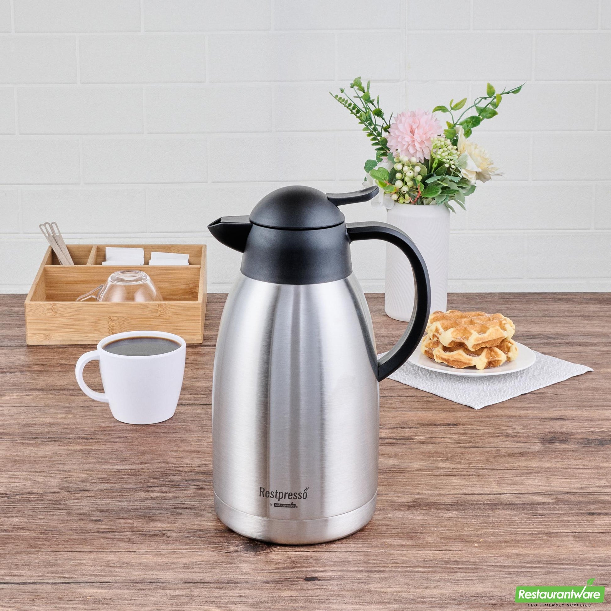 Wholesale Restaurantware Restpresso 68 Oz Vacuum Insulated Coffee Carafe / Server - with Label Tags - 11 1/4" X 5 1/2" X 7" - 1 Count Box- Bulk