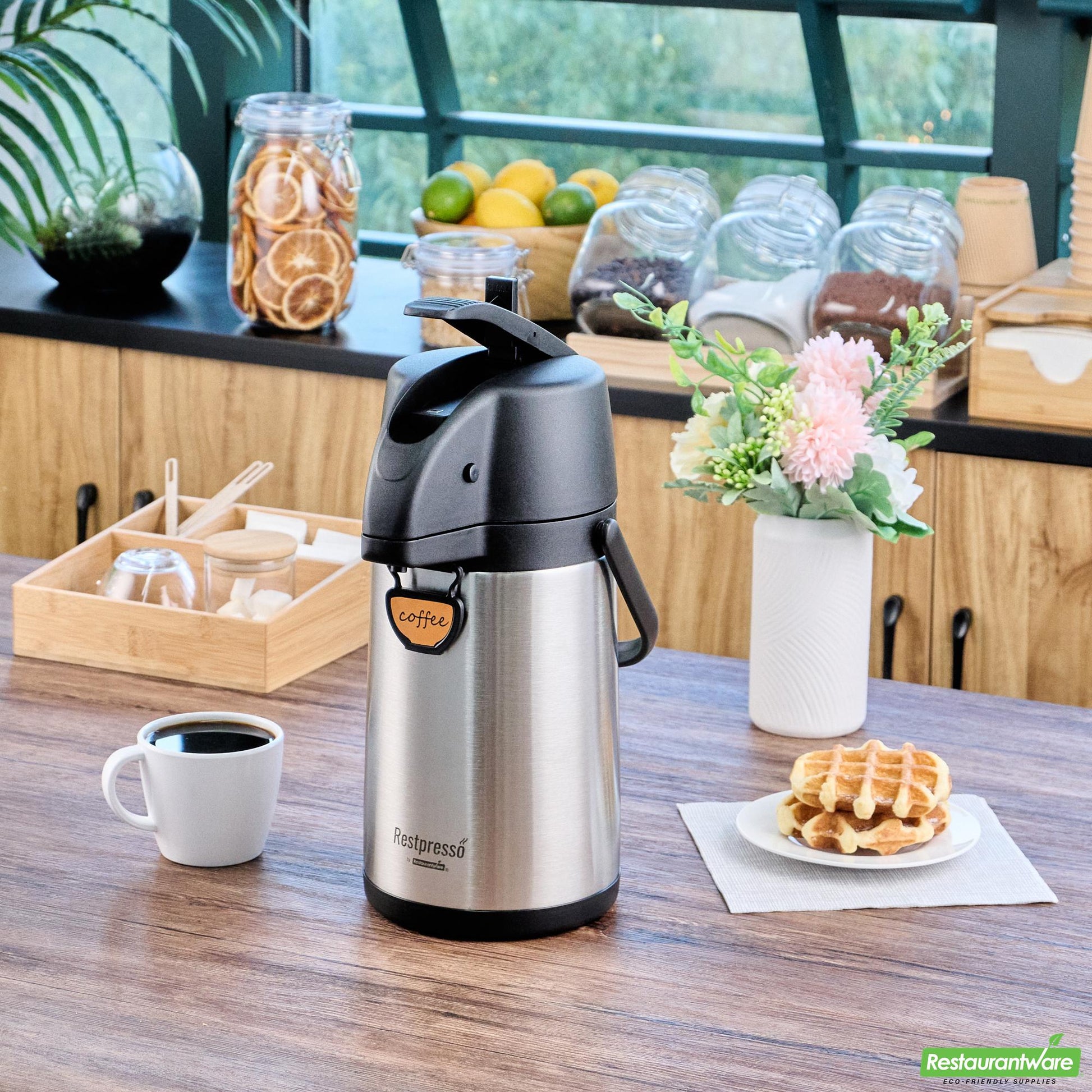 Wholesale Restaurantware Restpresso 2.2l Vacuum Insulated Airpot Coffee Dispenser - Pump Lever, 12 Hr Heat Retention, with Hanging Tag and Decals - 1 Count Box- Bulk