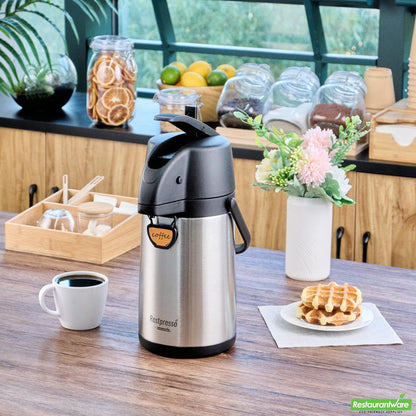 Wholesale Restaurantware Restpresso 2.2l Vacuum Insulated Airpot Coffee Dispenser - Pump Lever, 12 Hr Heat Retention, with Hanging Tag and Decals - 1 Count Box- Bulk