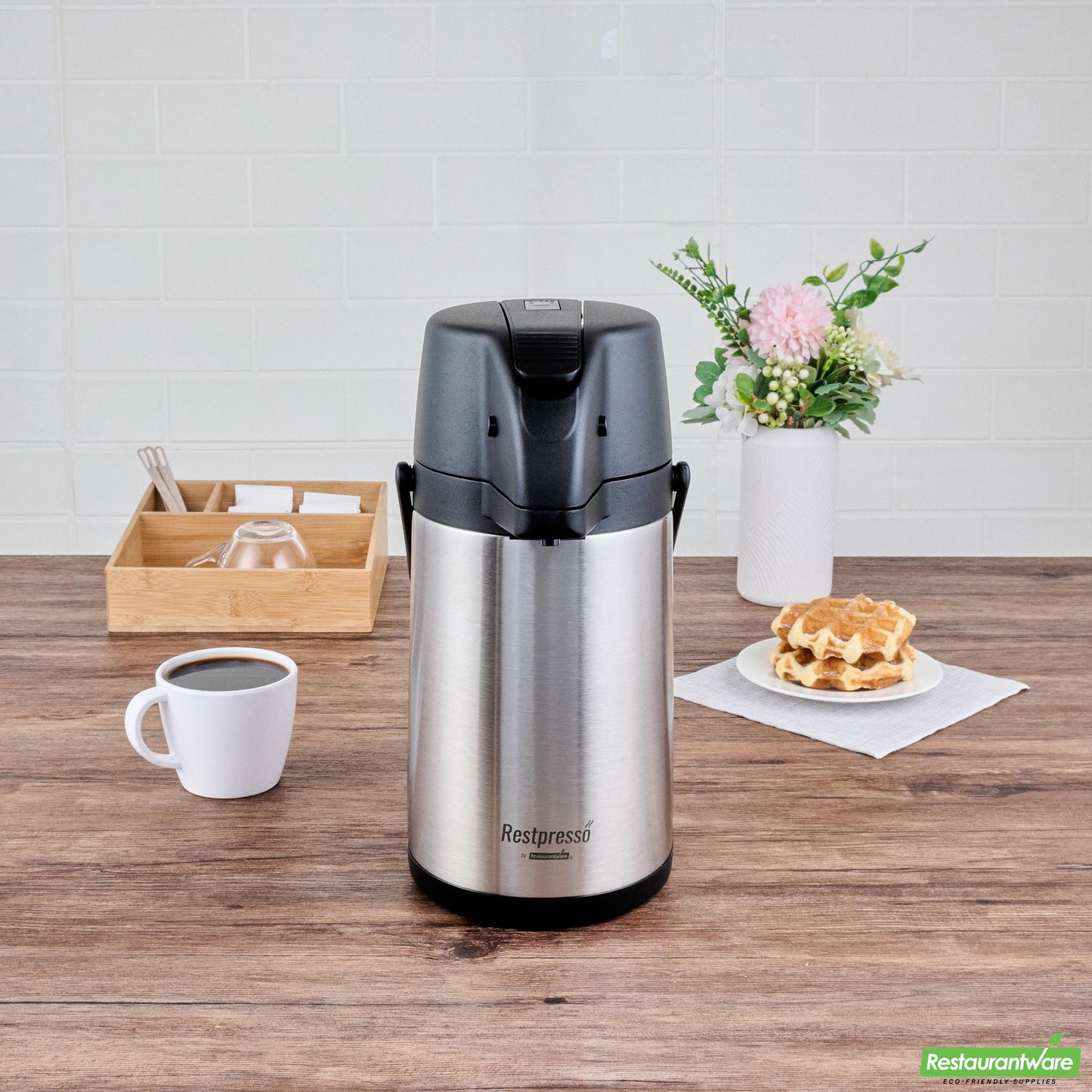 Wholesale Restaurantware Restpresso 2.2l Vacuum Insulated Airpot Coffee Dispenser - Pump Lever, 12 Hr Heat Retention, with Hanging Tag and Decals - 1 Count Box- Bulk