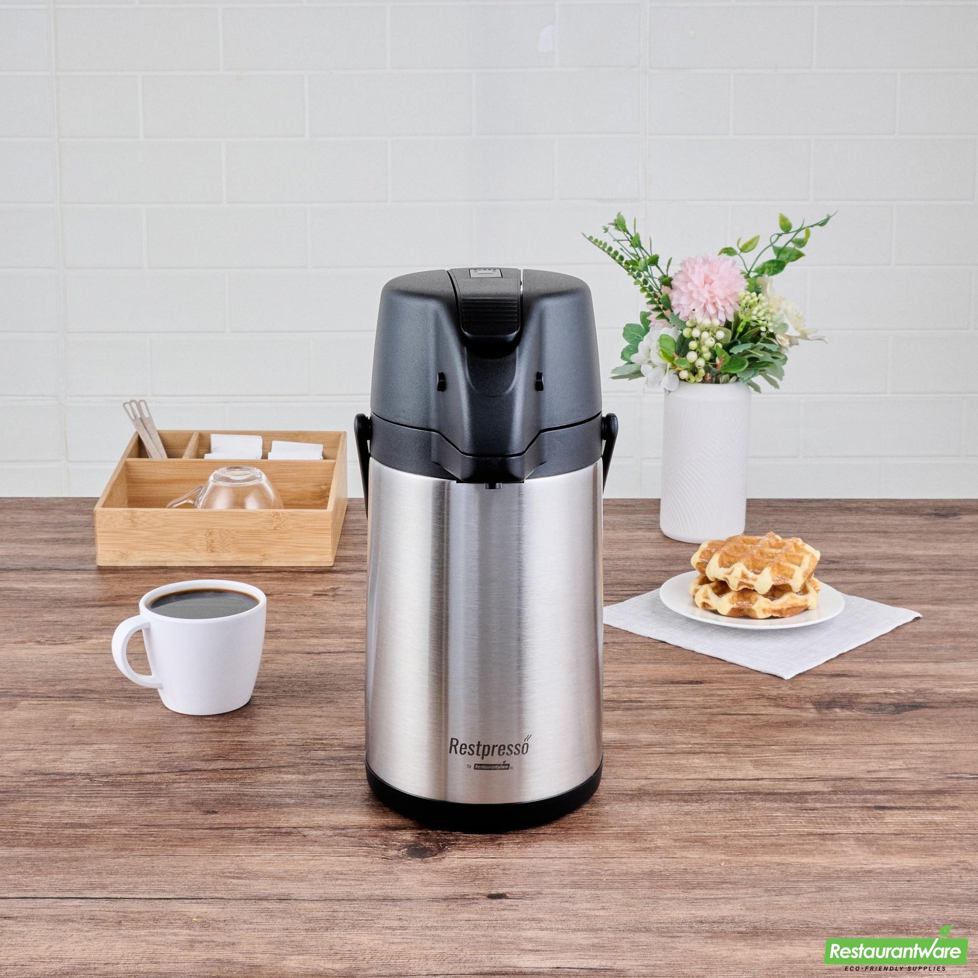 Wholesale Restaurantware Restpresso 2.2l Vacuum Insulated Airpot Coffee Dispenser - Pump Lever, 12 Hr Heat Retention, with Hanging Tag and Decals - 1 Count Box- Bulk