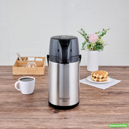 Wholesale Restaurantware Restpresso 2.2l Vacuum Insulated Airpot Coffee Dispenser - Pump Lever, 12 Hr Heat Retention, with Hanging Tag and Decals - 1 Count Box- Bulk