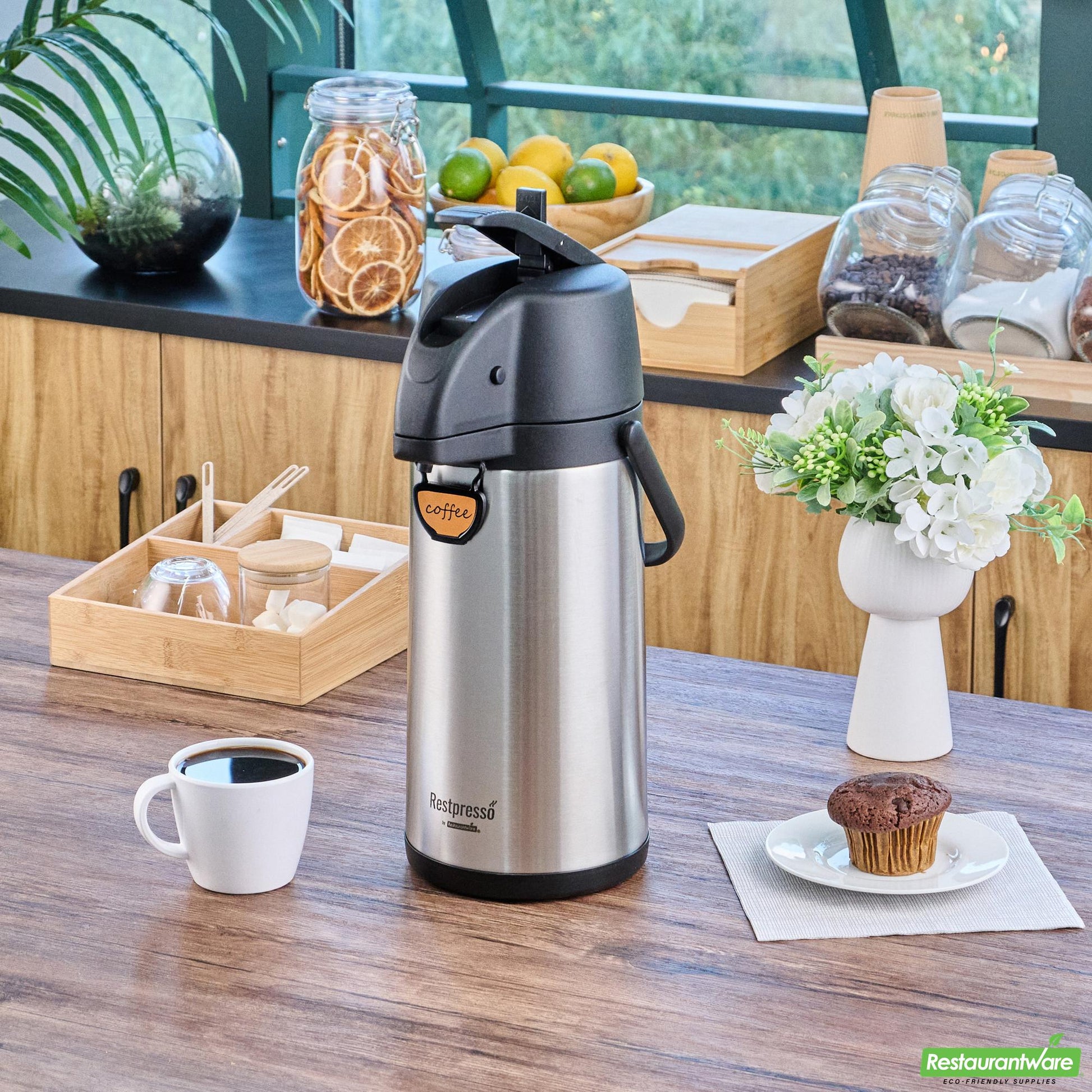 Wholesale Restaurantware Restpresso 3l Vacuum Insulated Airpot Coffee Dispenser - Pump Lever, 12 Hr Heat Retention, with Hanging Tag and Decals - 1 Count Box- Bulk
