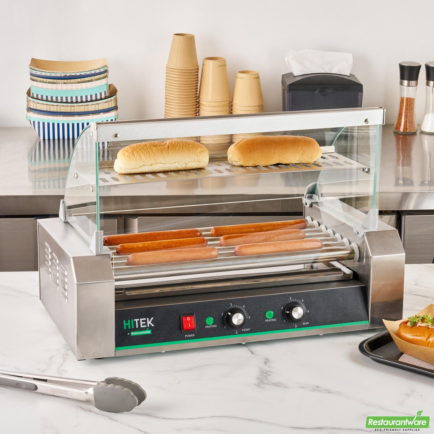 Wholesale Restaurantware Hi Tek Stainless Steel Hot Dog Roller Grill Warmer - Fits 18 Hot Dogs and 4 Buns, Sneeze Guard - 1 Count Box- Bulk