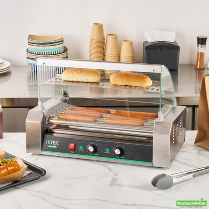 Wholesale Restaurantware Hi Tek Stainless Steel Hot Dog Roller Grill Warmer - Fits 18 Hot Dogs and 4 Buns, Sneeze Guard - 1 Count Box- Bulk