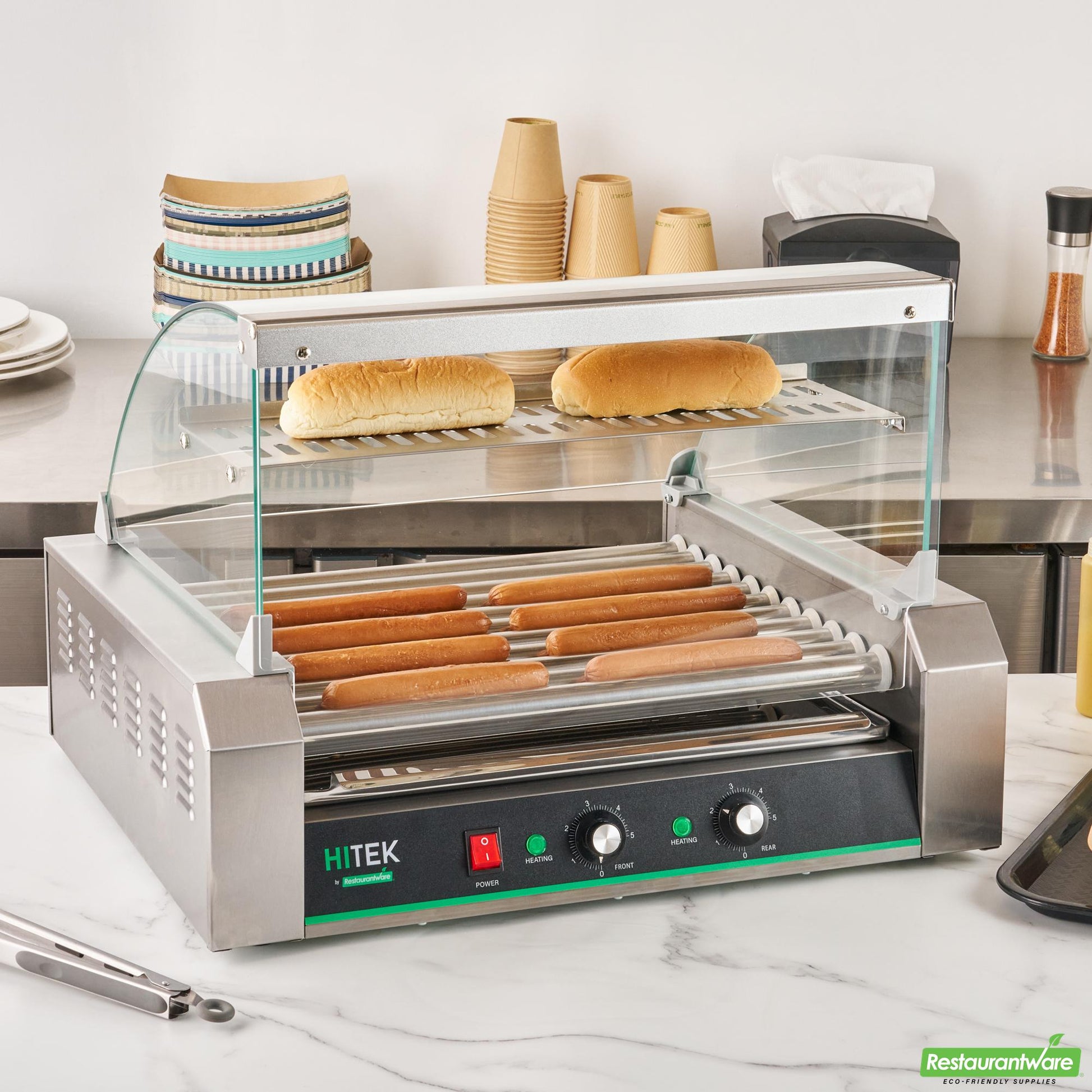 Wholesale Restaurantware Hi Tek Stainless Steel Hot Dog Roller Grill Warmer - Fits 30 Hot Dogs and 4 Buns, Sneeze Guard - 1 Count Box- Bulk