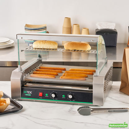 Wholesale Restaurantware Hi Tek Stainless Steel Hot Dog Roller Grill Warmer - Fits 30 Hot Dogs and 4 Buns, Sneeze Guard - 1 Count Box- Bulk