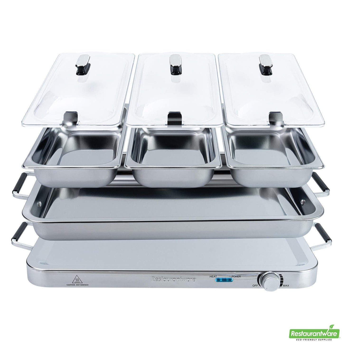 Wholesale Restaurantware Kitchen Tek Stainless Steel Buffet Server and Food Warmer - 120v, with (3) 2.5 Qt Buffet Pans and (1) 7.5 Qt Warming Tray - 1 Count Box- Bulk