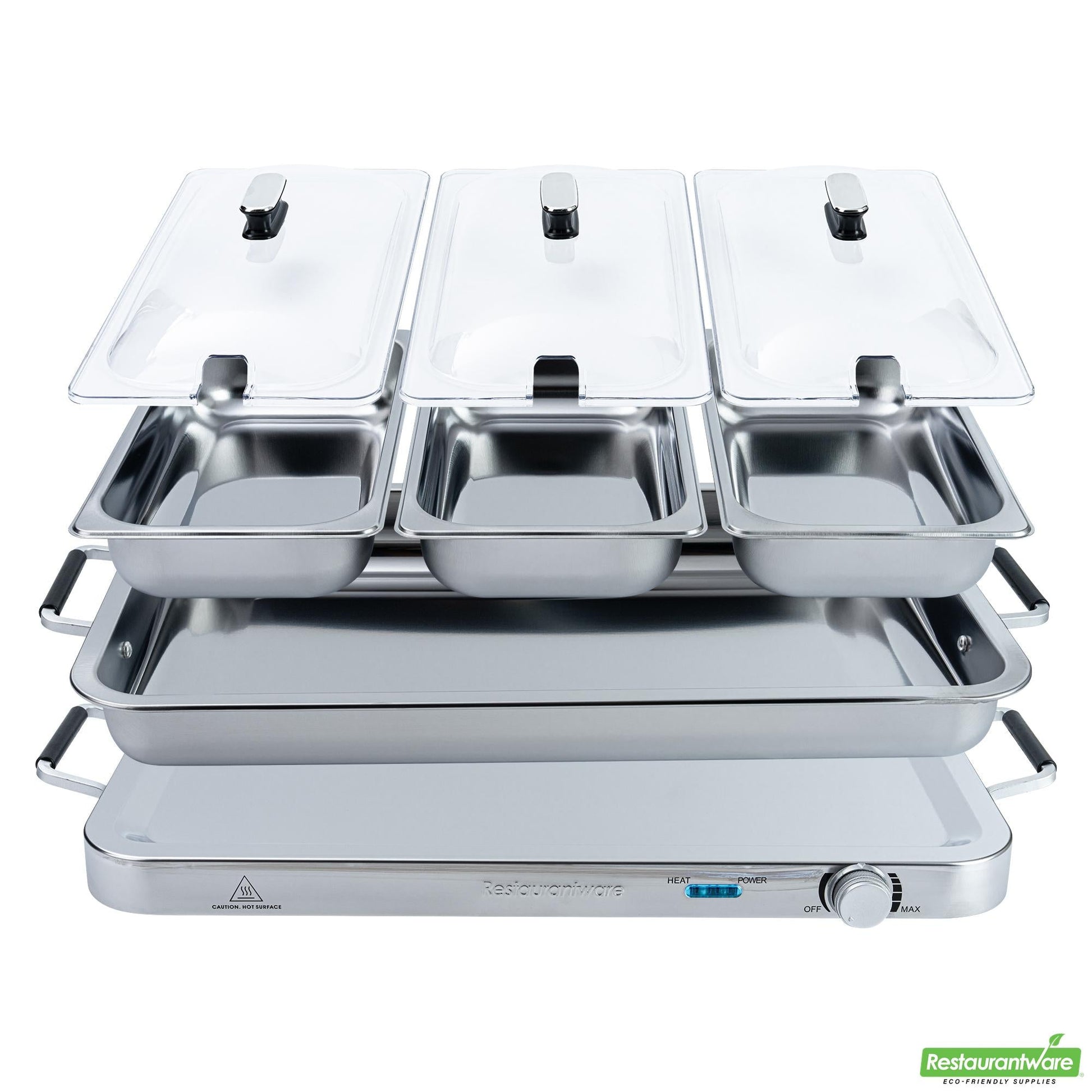 Wholesale Restaurantware Kitchen Tek Stainless Steel Buffet Server and Food Warmer - 120v, with (3) 2.5 Qt Buffet Pans and (1) 7.5 Qt Warming Tray - 1 Count Box- Bulk