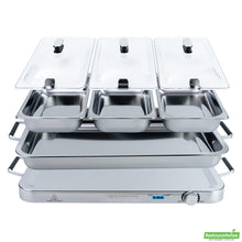 Wholesale Restaurantware Kitchen Tek Stainless Steel Buffet Server and Food Warmer - 120v, with (3) 2.5 Qt Buffet Pans and (1) 7.5 Qt Warming Tray - 1 Count Box- Bulk