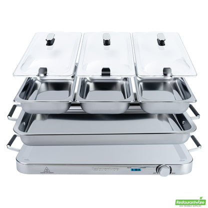 Wholesale Restaurantware Kitchen Tek Stainless Steel Buffet Server and Food Warmer - 120v, with (3) 2.5 Qt Buffet Pans and (1) 7.5 Qt Warming Tray - 1 Count Box- Bulk