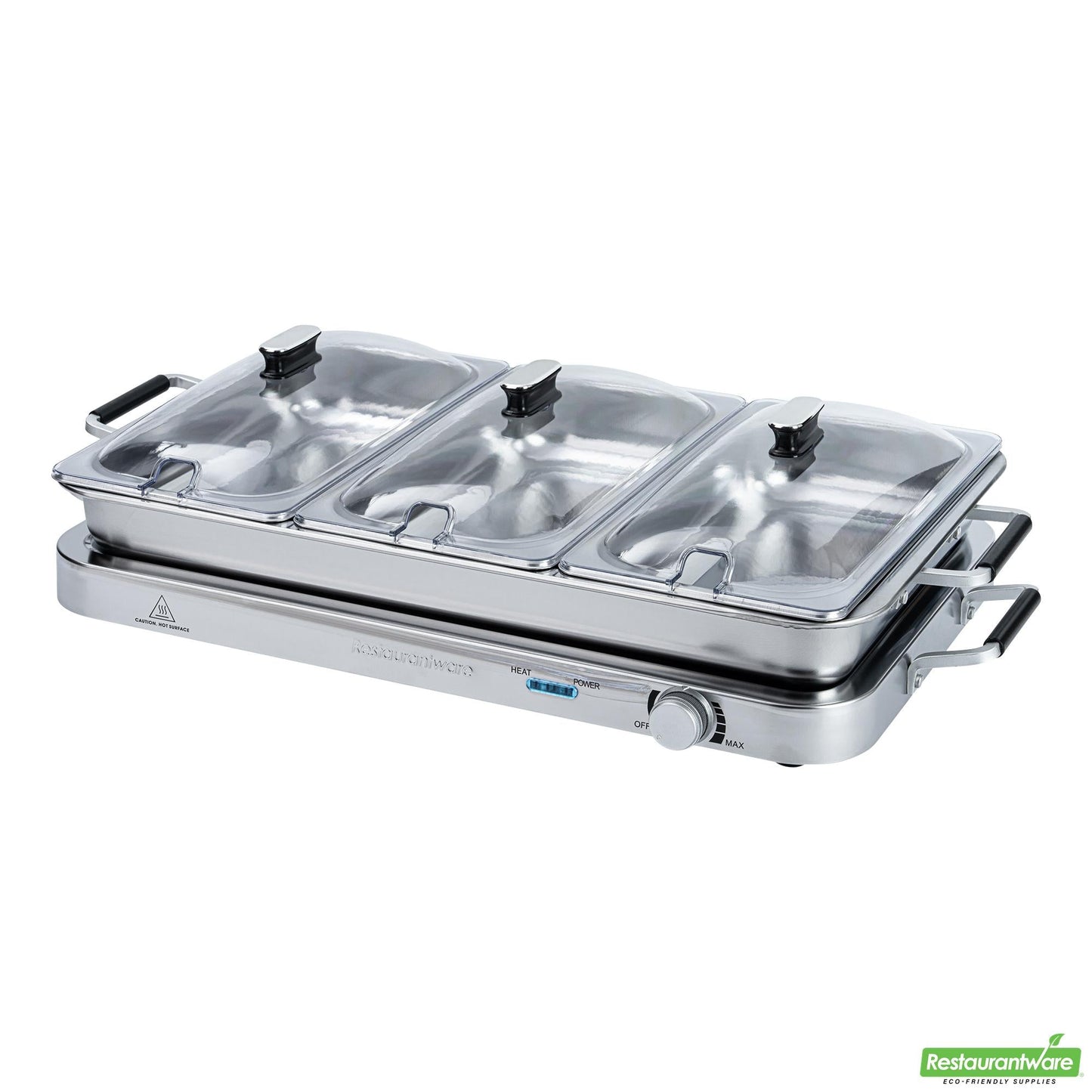 Wholesale Restaurantware Kitchen Tek Stainless Steel Buffet Server and Food Warmer - 120v, with (3) 2.5 Qt Buffet Pans and (1) 7.5 Qt Warming Tray - 1 Count Box- Bulk