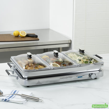 Wholesale Restaurantware Kitchen Tek Stainless Steel Buffet Server and Food Warmer - 120v, with (3) 2.5 Qt Buffet Pans and (1) 7.5 Qt Warming Tray - 1 Count Box- Bulk