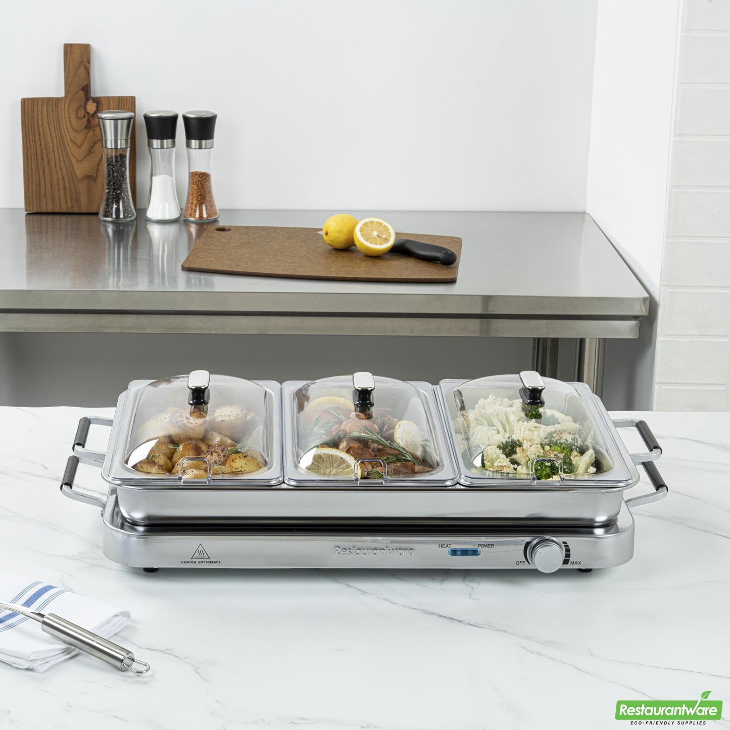 Wholesale Restaurantware Kitchen Tek Stainless Steel Buffet Server and Food Warmer - 120v, with (3) 2.5 Qt Buffet Pans and (1) 7.5 Qt Warming Tray - 1 Count Box- Bulk