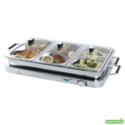 Wholesale Restaurantware Kitchen Tek Stainless Steel Buffet Server and Food Warmer - 120v, with (3) 2.5 Qt Buffet Pans and (1) 7.5 Qt Warming Tray - 1 Count Box- Bulk