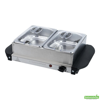 Wholesale Restaurantware Kitchen Tek Stainless Steel Buffet Server and Food Warmer - 120v, with (2) 1.5 Qt Buffet Pans - 1 Count Box- Bulk