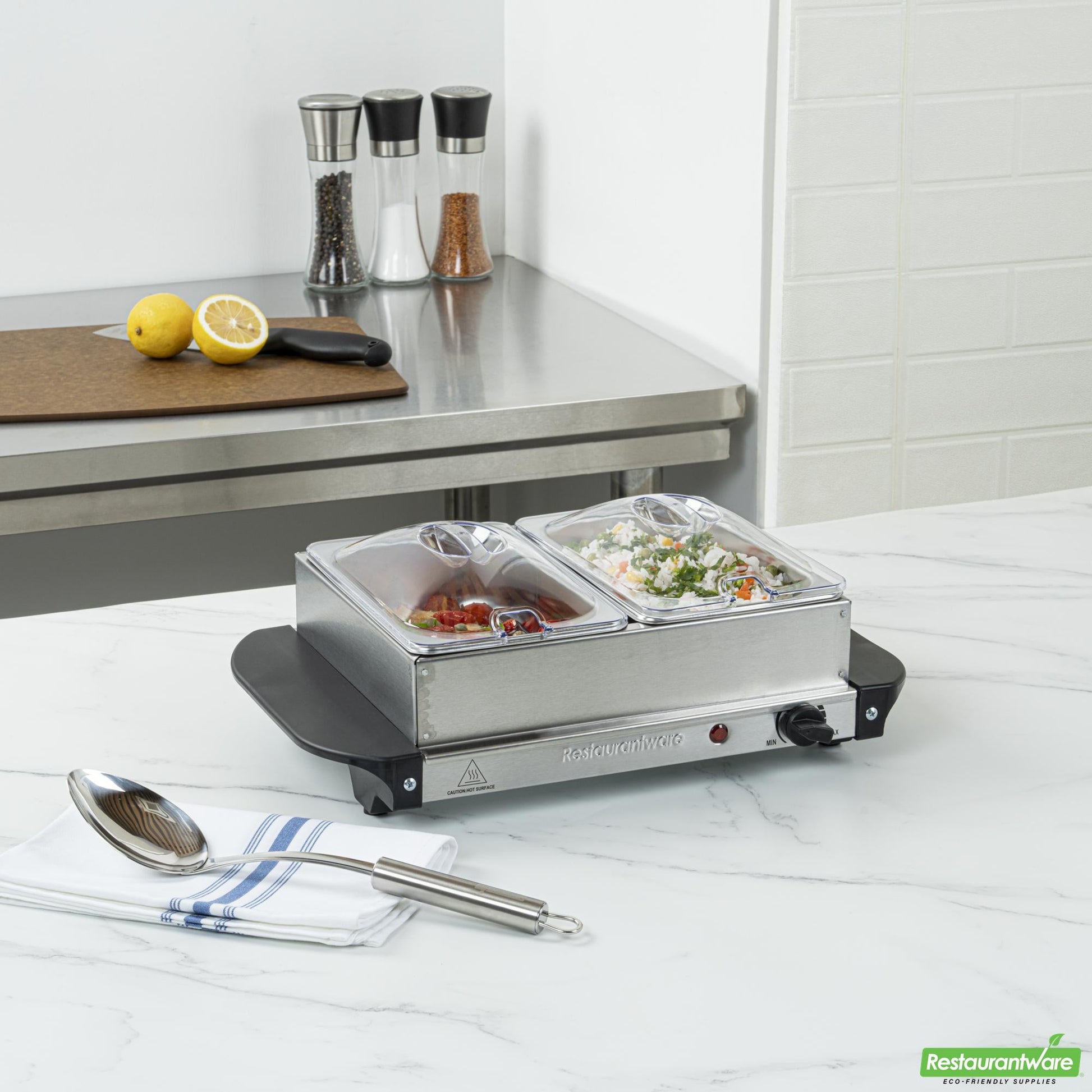 Wholesale Restaurantware Kitchen Tek Stainless Steel Buffet Server and Food Warmer - 120v, with (2) 1.5 Qt Buffet Pans - 1 Count Box- Bulk