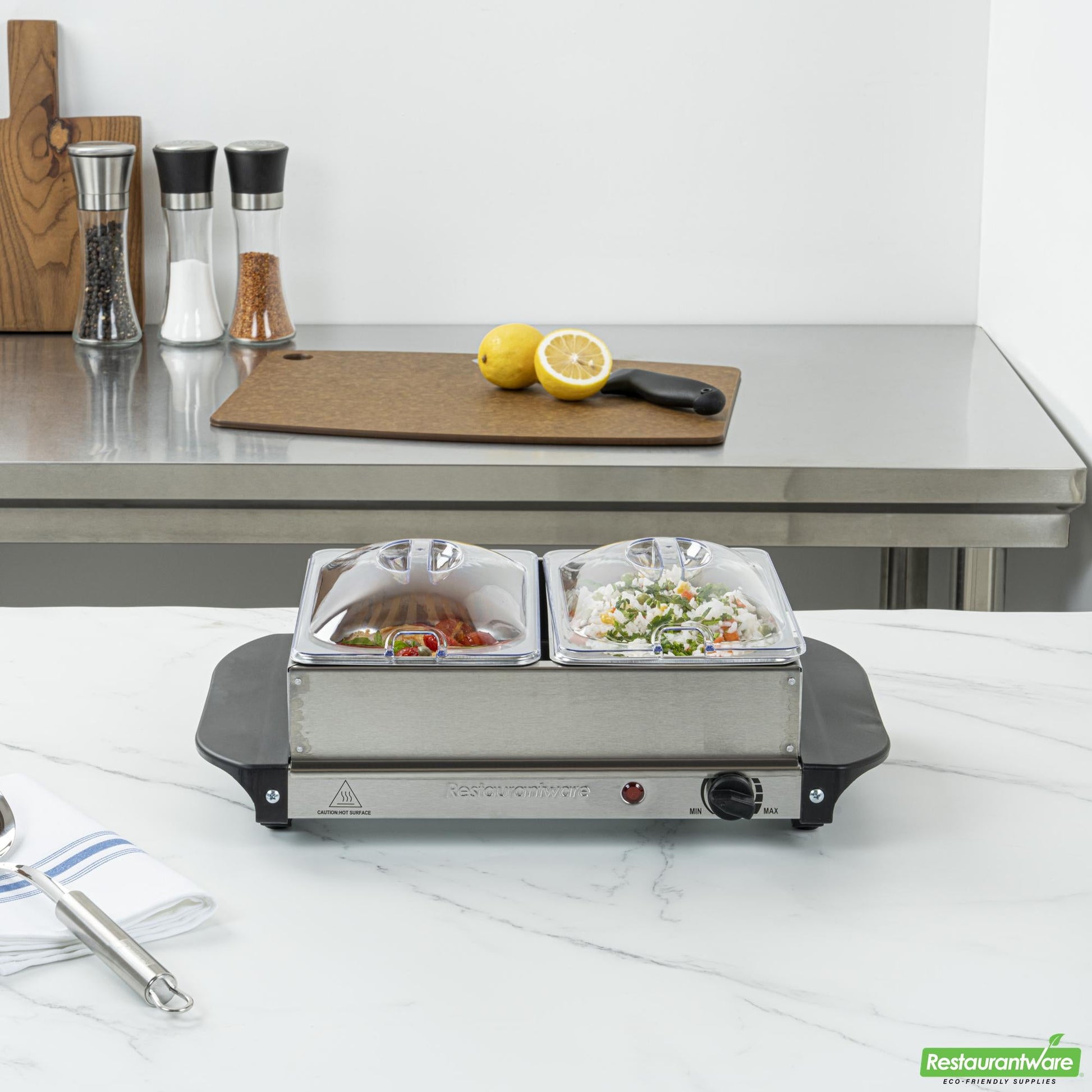 Wholesale Restaurantware Kitchen Tek Stainless Steel Buffet Server and Food Warmer - 120v, with (2) 1.5 Qt Buffet Pans - 1 Count Box- Bulk