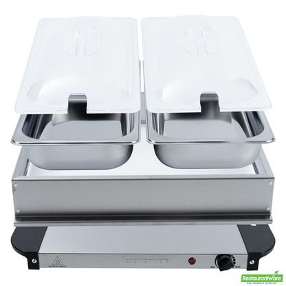 Wholesale Restaurantware Kitchen Tek Stainless Steel Buffet Server and Food Warmer - 120v, with (2) 2.5 Qt Buffet Pans - 1 Count Box- Bulk