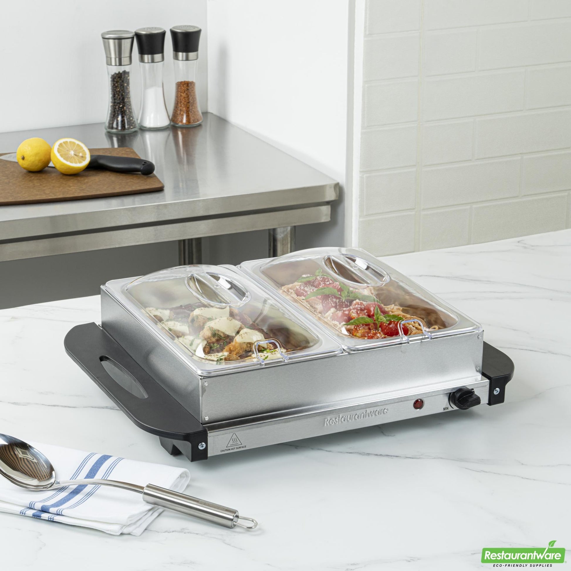 Wholesale Restaurantware Kitchen Tek Stainless Steel Buffet Server and Food Warmer - 120v, with (2) 2.5 Qt Buffet Pans - 1 Count Box- Bulk