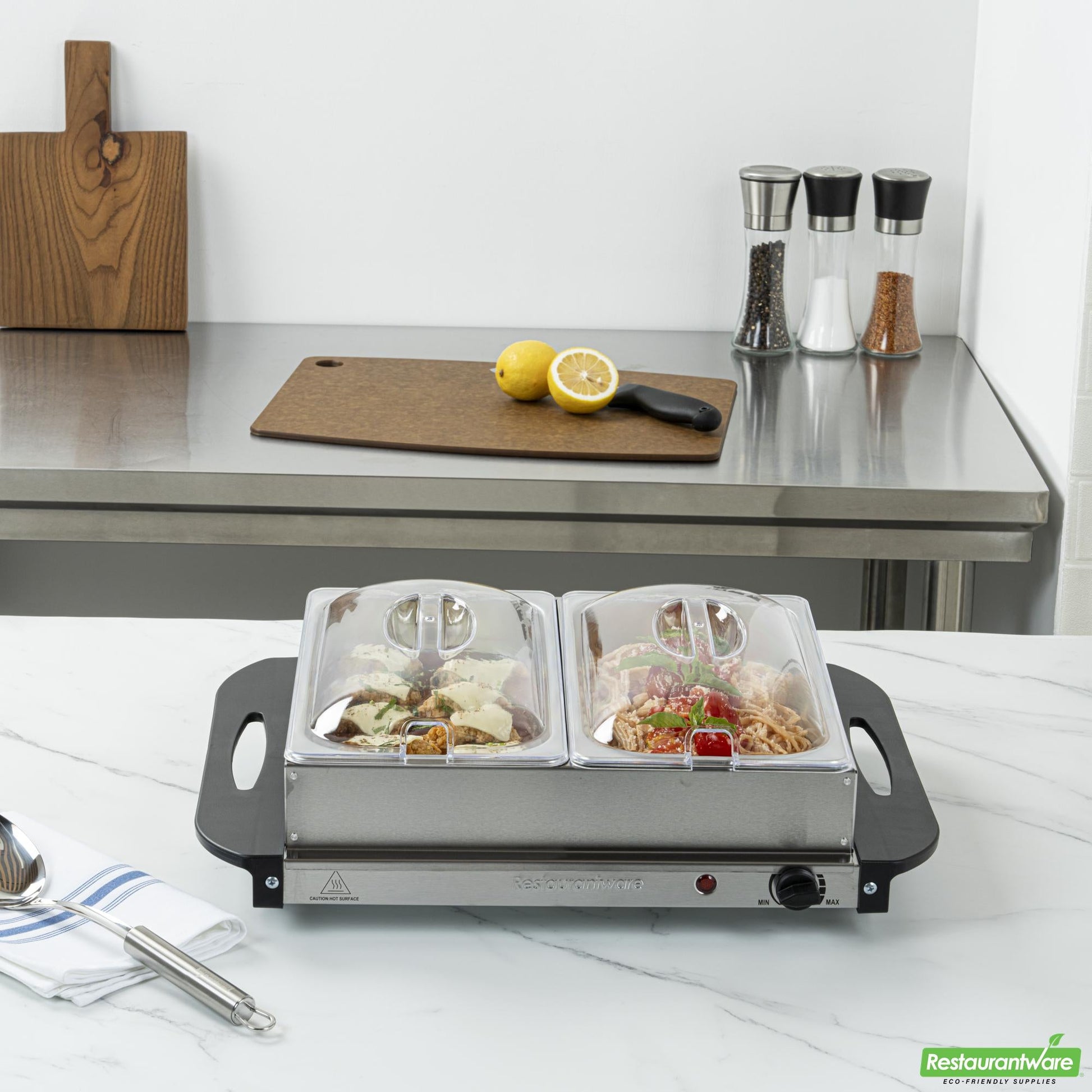 Wholesale Restaurantware Kitchen Tek Stainless Steel Buffet Server and Food Warmer - 120v, with (2) 2.5 Qt Buffet Pans - 1 Count Box- Bulk