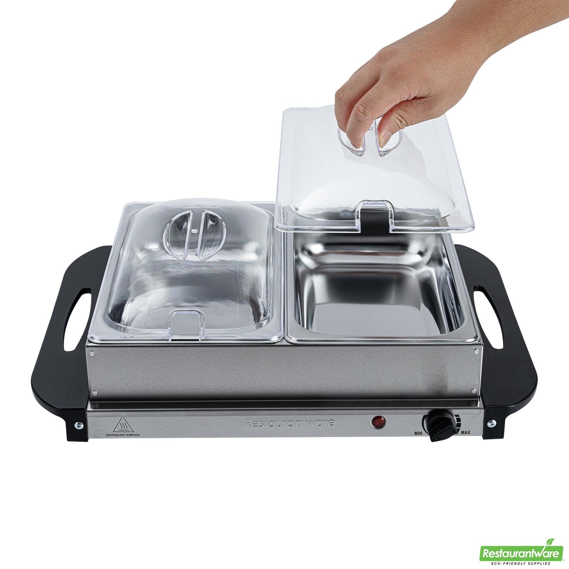Wholesale Restaurantware Kitchen Tek Stainless Steel Buffet Server and Food Warmer - 120v, with (2) 2.5 Qt Buffet Pans - 1 Count Box- Bulk