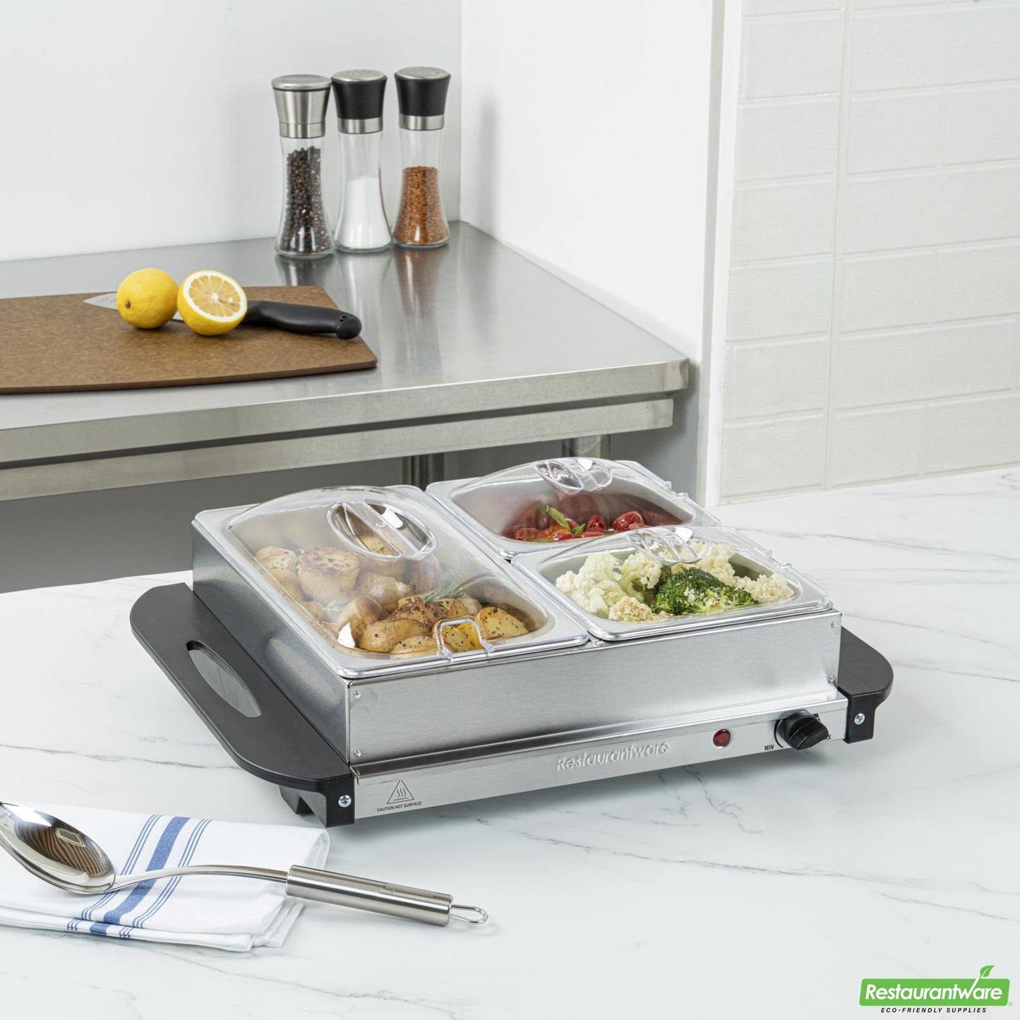 Wholesale Restaurantware Kitchen Tek Stainless Steel Buffet Server and Food Warmer - 120v, with (2) 1 Qt and (1) 2.5 Qt Buffet Pans - 1 Count Box- Bulk