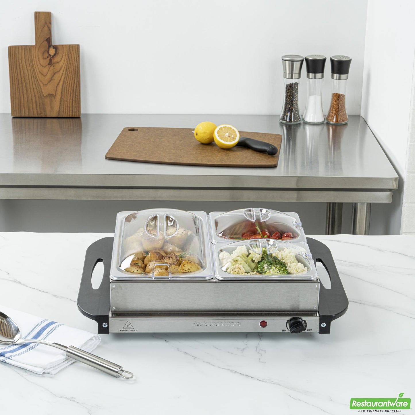 Wholesale Restaurantware Kitchen Tek Stainless Steel Buffet Server and Food Warmer - 120v, with (2) 1 Qt and (1) 2.5 Qt Buffet Pans - 1 Count Box- Bulk