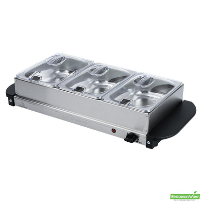 Wholesale Restaurantware Kitchen Tek Stainless Steel Buffet Server and Food Warmer - 120v, with (3) 1.5 Qt Buffet Pans - 1 Count Box- Bulk