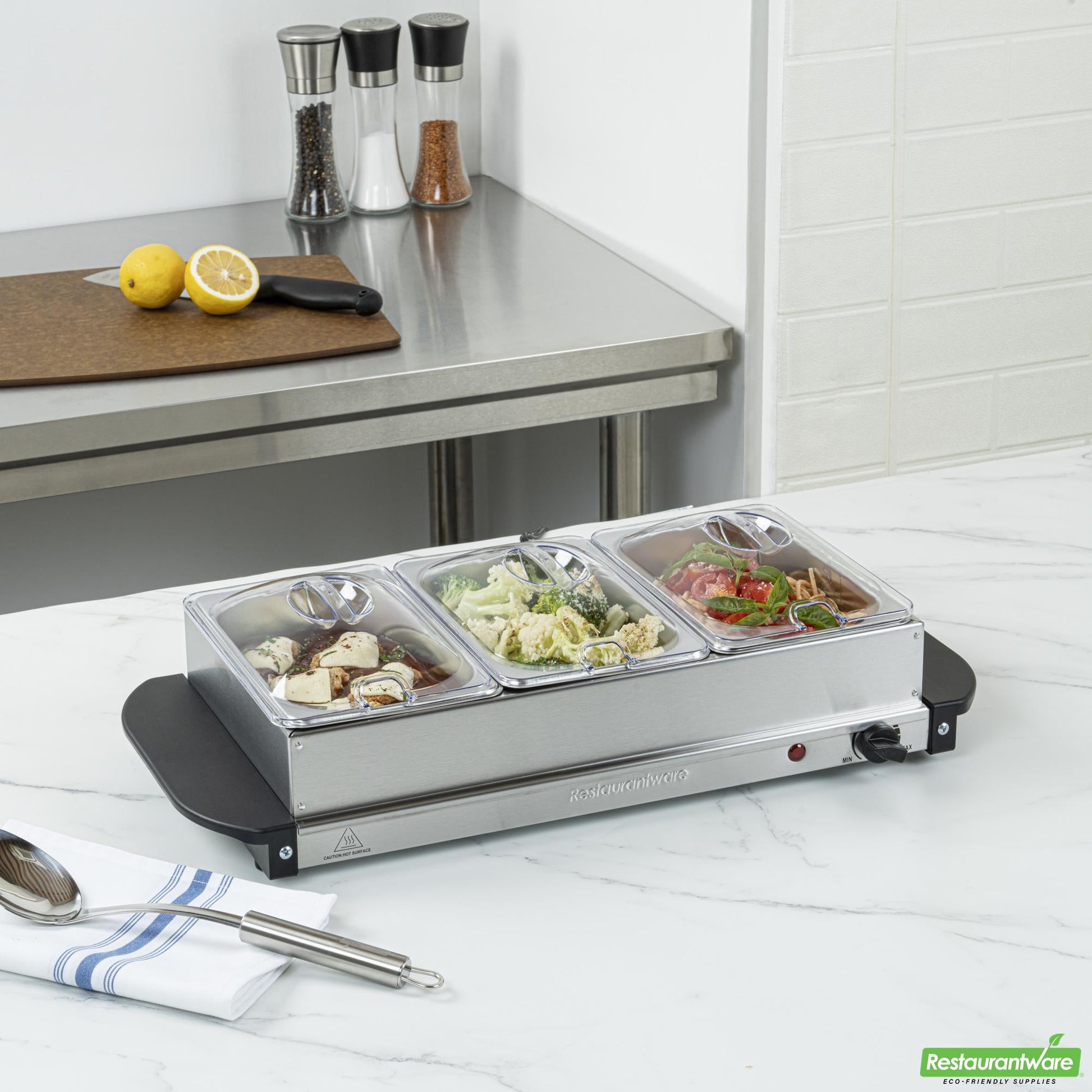 Wholesale Restaurantware Kitchen Tek Stainless Steel Buffet Server and Food Warmer - 120v, with (3) 1.5 Qt Buffet Pans - 1 Count Box- Bulk