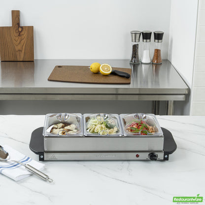 Wholesale Restaurantware Kitchen Tek Stainless Steel Buffet Server and Food Warmer - 120v, with (3) 1.5 Qt Buffet Pans - 1 Count Box- Bulk