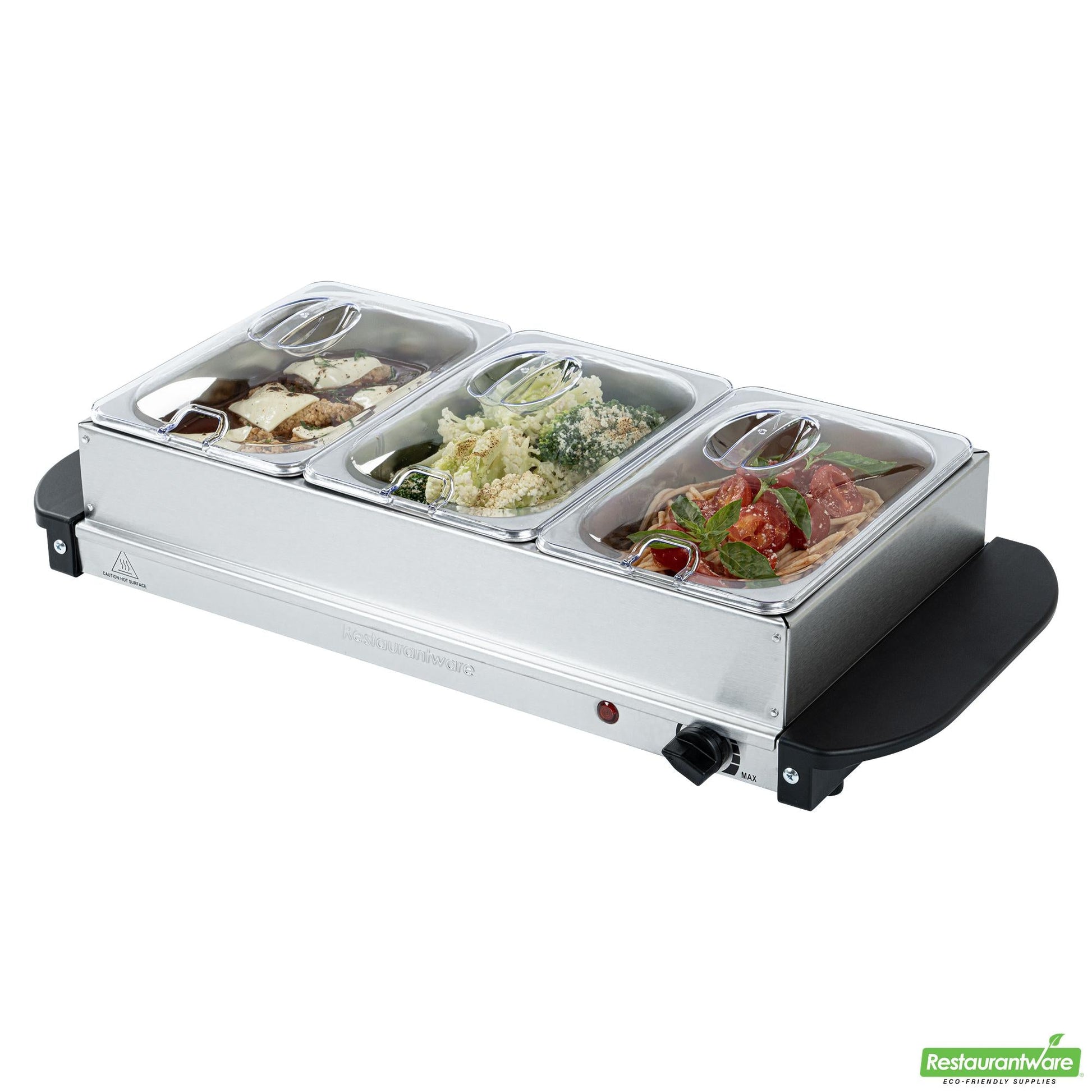 Wholesale Restaurantware Kitchen Tek Stainless Steel Buffet Server and Food Warmer - 120v, with (3) 1.5 Qt Buffet Pans - 1 Count Box- Bulk