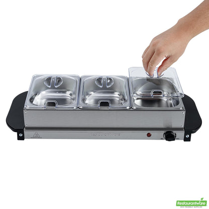 Wholesale Restaurantware Kitchen Tek Stainless Steel Buffet Server and Food Warmer - 120v, with (3) 1.5 Qt Buffet Pans - 1 Count Box- Bulk
