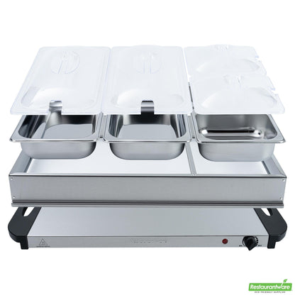 Wholesale Restaurantware Kitchen Tek Stainless Steel Buffet Server and Food Warmer - 120v, with (2) 1 Qt and (2) 2.5 Qt Buffet Pans - 1 Count Box- Bulk