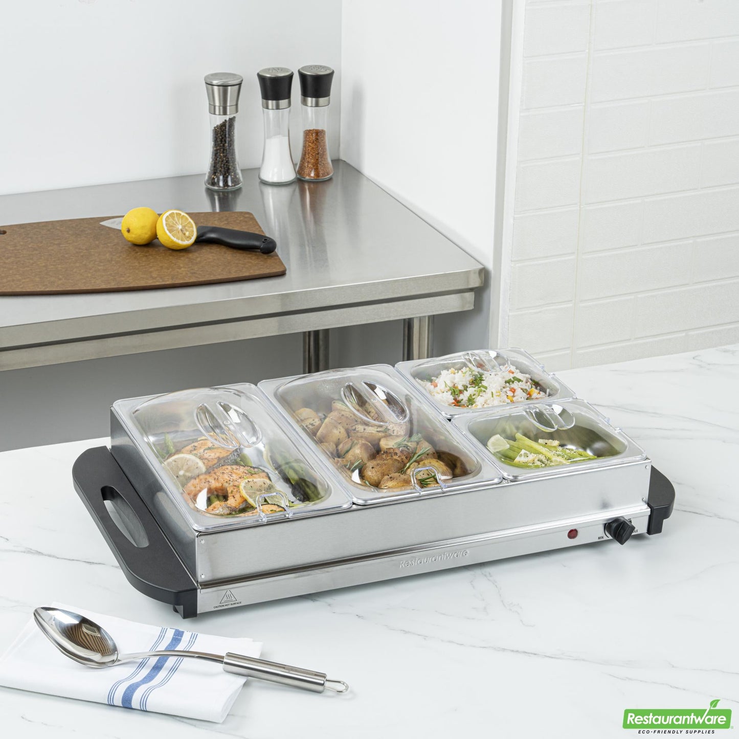 Wholesale Restaurantware Kitchen Tek Stainless Steel Buffet Server and Food Warmer - 120v, with (2) 1 Qt and (2) 2.5 Qt Buffet Pans - 1 Count Box- Bulk