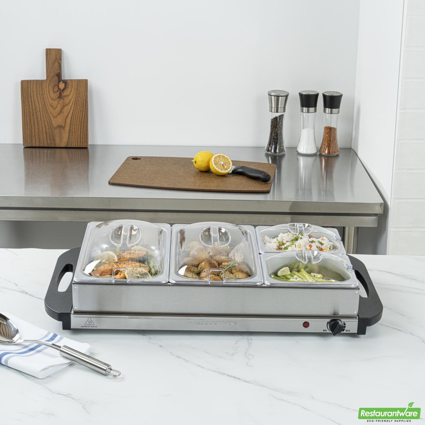 Wholesale Restaurantware Kitchen Tek Stainless Steel Buffet Server and Food Warmer - 120v, with (2) 1 Qt and (2) 2.5 Qt Buffet Pans - 1 Count Box- Bulk