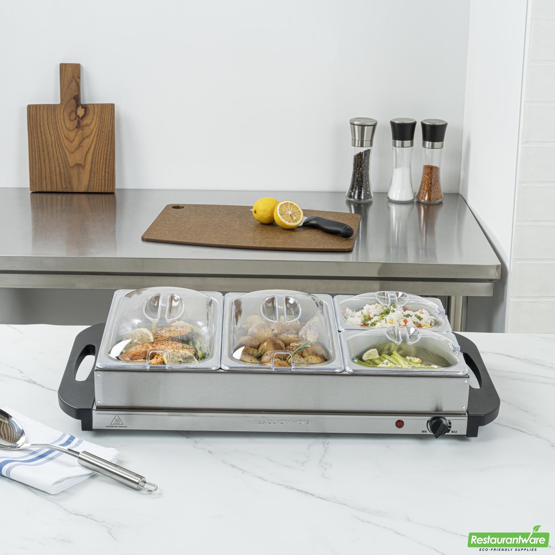 Wholesale Restaurantware Kitchen Tek Stainless Steel Buffet Server and Food Warmer - 120v, with (2) 1 Qt and (2) 2.5 Qt Buffet Pans - 1 Count Box- Bulk
