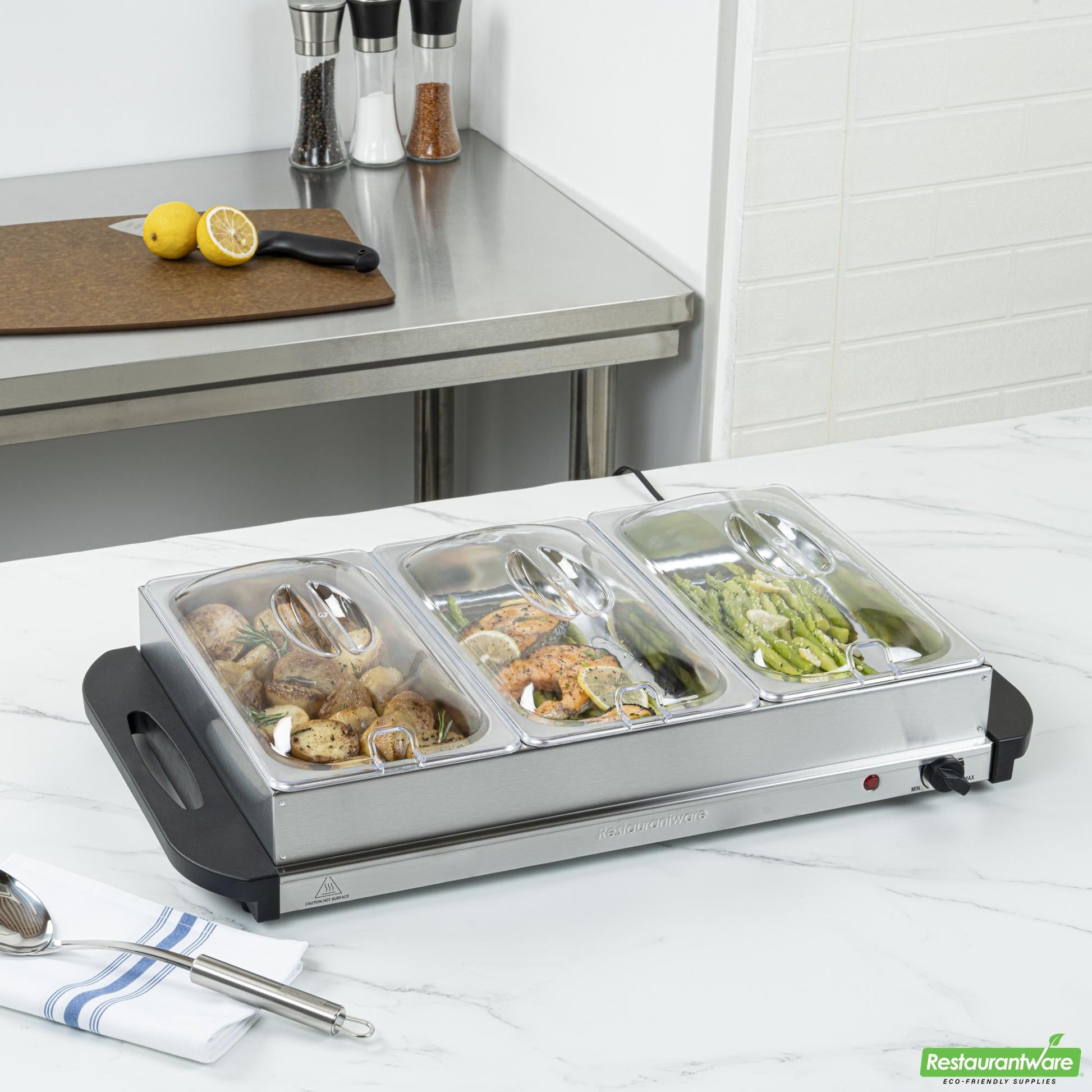 Wholesale Restaurantware Kitchen Tek Stainless Steel Buffet Server and Food Warmer - 120v, with (3) 2.5 Qt Buffet Pans - 1 Count Box- Bulk